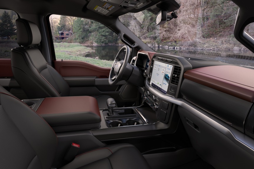 The cabin is completely redesigned with more comfort, technology and functionality for truck customers along with more premium materials, more color choices and more storage. Shown here is the interior of the all-new F-150 Lariat Sport